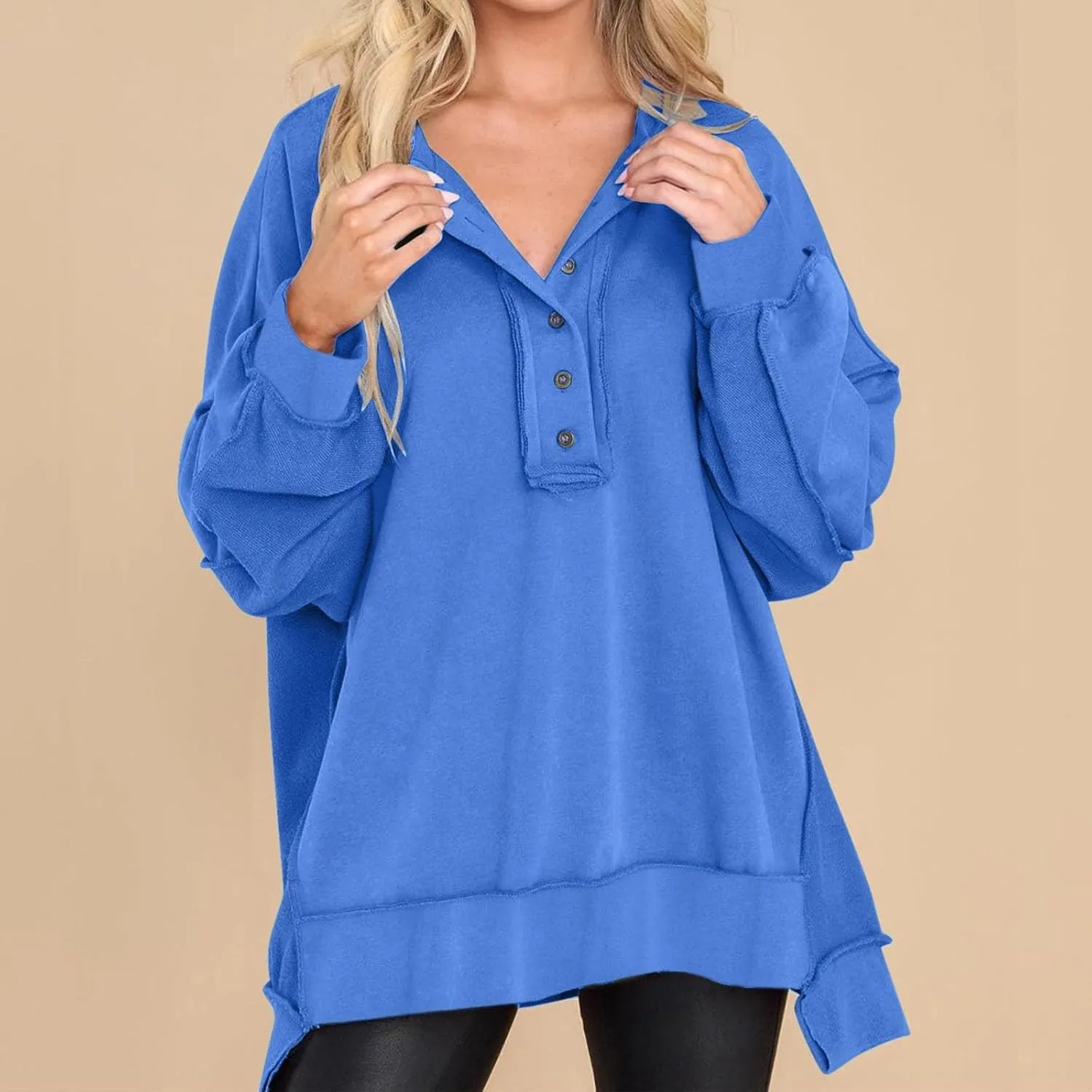 Womens Cute Oversized Sweatshirts Trendy 2024 Fall Sweatshirt Button Henley Neck Pullover Tops Casual Clothing