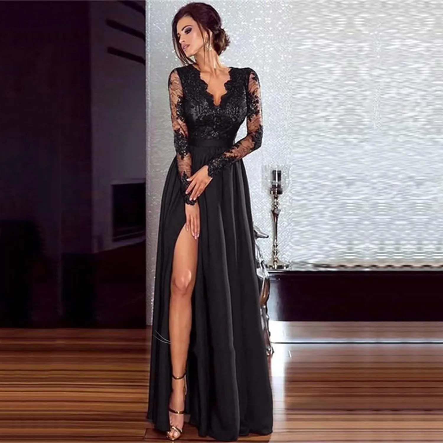Womens Deep V-Neck Lace Romper Short Sleeve Long Dress Long Black Formal Dresses for Women Gowns Evening Party Cocktail Dress