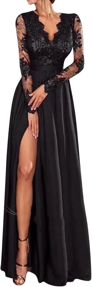 Womens Deep V-Neck Lace Romper Short Sleeve Long Dress Long Black Formal Dresses for Women Gowns Evening Party Cocktail Dress
