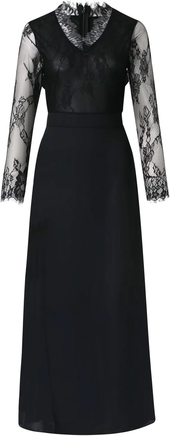 Womens Deep V-Neck Lace Romper Short Sleeve Long Dress Long Black Formal Dresses for Women Gowns Evening Party Cocktail Dress