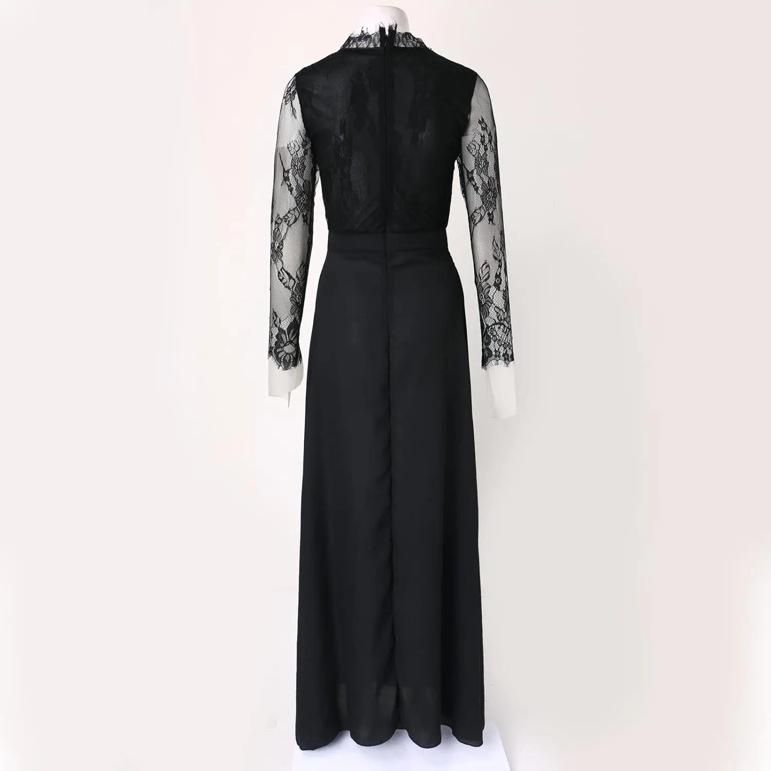 Womens Deep V-Neck Lace Romper Short Sleeve Long Dress Long Black Formal Dresses for Women Gowns Evening Party Cocktail Dress