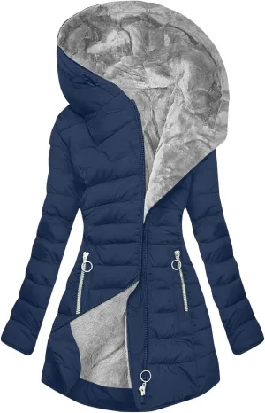 Women's Down Jacket Fleece Lined Zip Up Fur Hooded Coat Waterproof Thick Quilted Jacket Oversize Warm Trench Coat