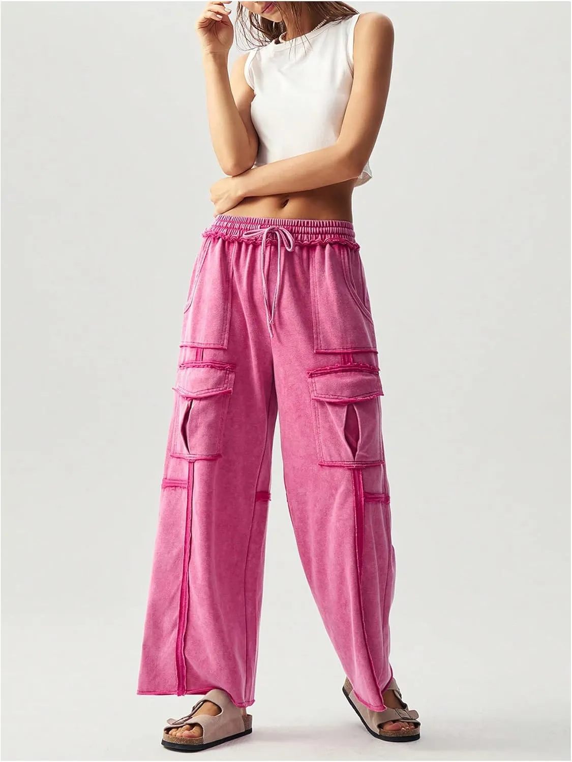Women's Drawstring Waist Baggy Cargo Pants Y2k Wide Leg Trousers with Pocket