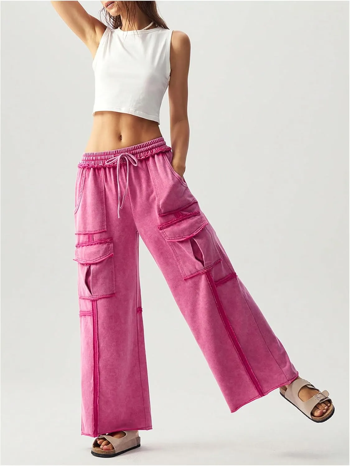 Women's Drawstring Waist Baggy Cargo Pants Y2k Wide Leg Trousers with Pocket