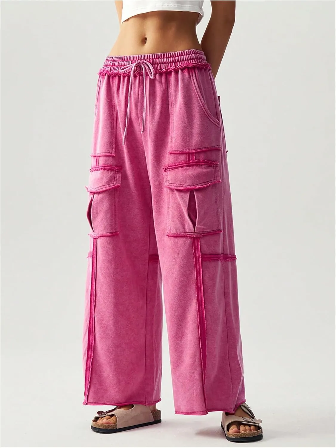 Women's Drawstring Waist Baggy Cargo Pants Y2k Wide Leg Trousers with Pocket