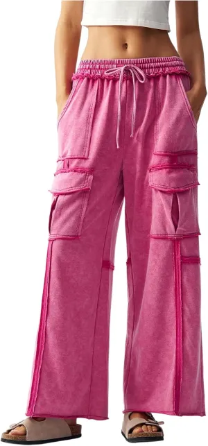 Women's Drawstring Waist Baggy Cargo Pants Y2k Wide Leg Trousers with Pocket
