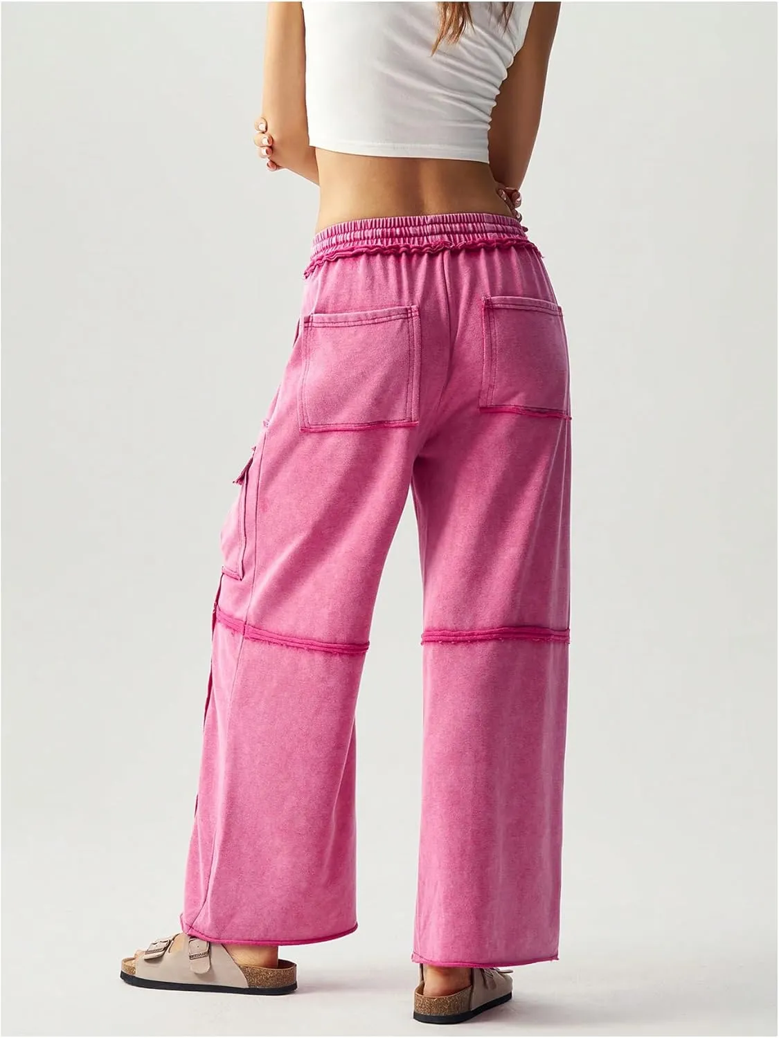 Women's Drawstring Waist Baggy Cargo Pants Y2k Wide Leg Trousers with Pocket