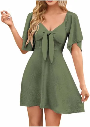 Womens Dress 2025 Spring Summer Deep V Neck Elegant Bow tie Mini Dress Twist Front Ruffle Dress Casual Flowy Tunic Mini Dress