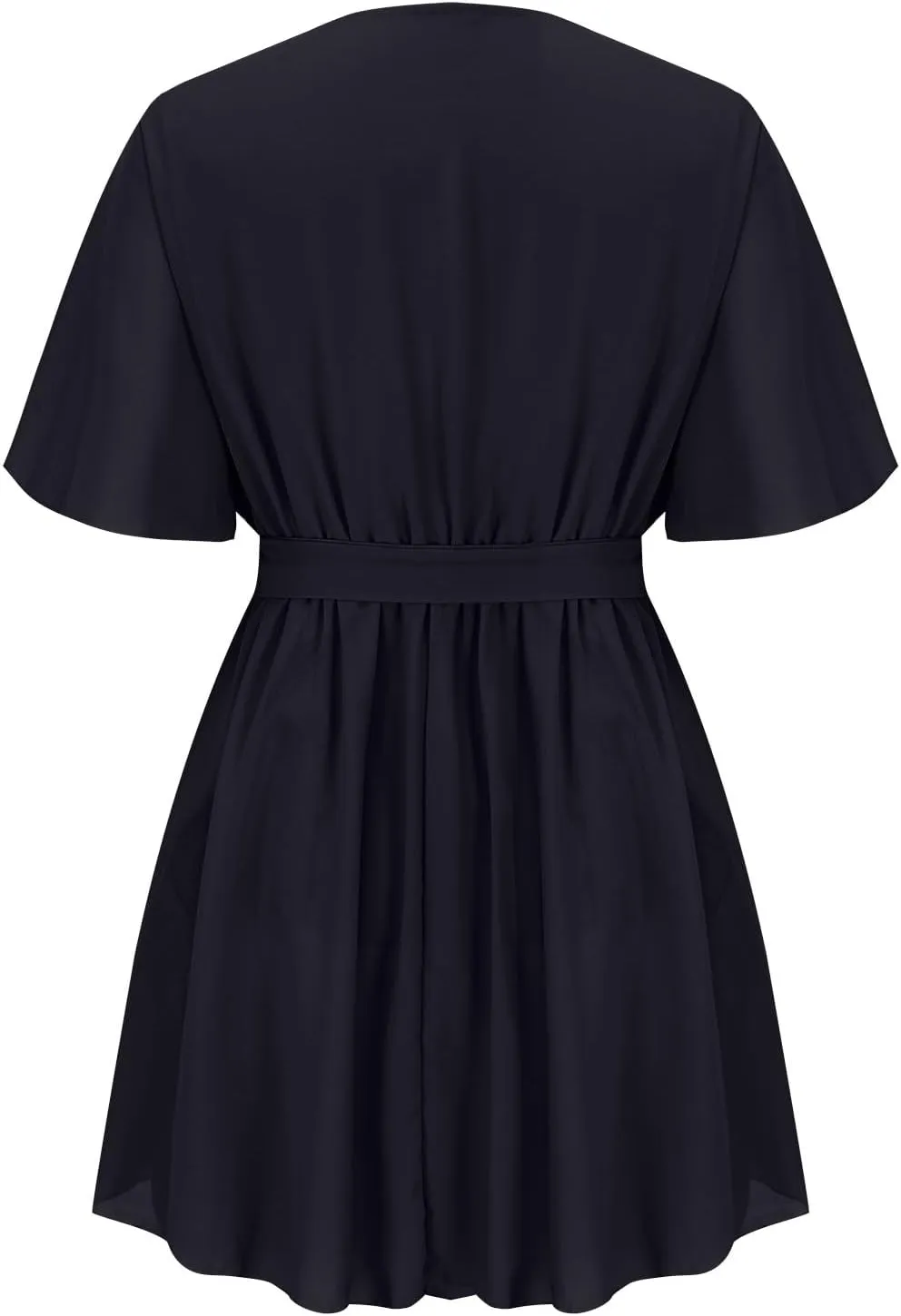 Women's Dress Deep V-Neck Short Sleeve Waist Tie Ruffle Mini Swing Skater Dresses Smocked Tiered Belted Ruffle Hem Mini Dress