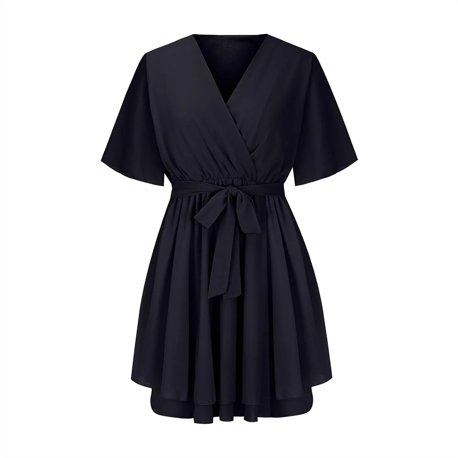 Women's Dress Deep V-Neck Short Sleeve Waist Tie Ruffle Mini Swing Skater Dresses Smocked Tiered Belted Ruffle Hem Mini Dress