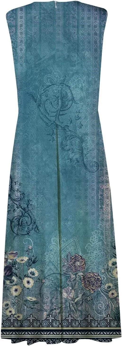 Womens Dresses Flowy Ruched Floral Print Boho Dress Sleeveless Wrap V Neck Beach Dresses Trendy Maxi Dress