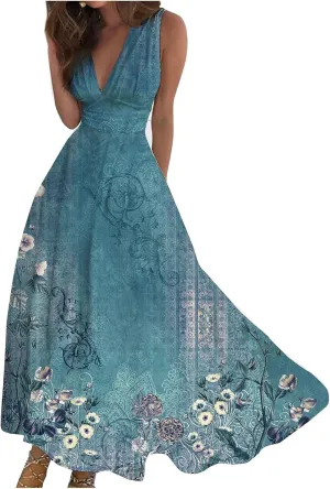 Womens Dresses Flowy Ruched Floral Print Boho Dress Sleeveless Wrap V Neck Beach Dresses Trendy Maxi Dress