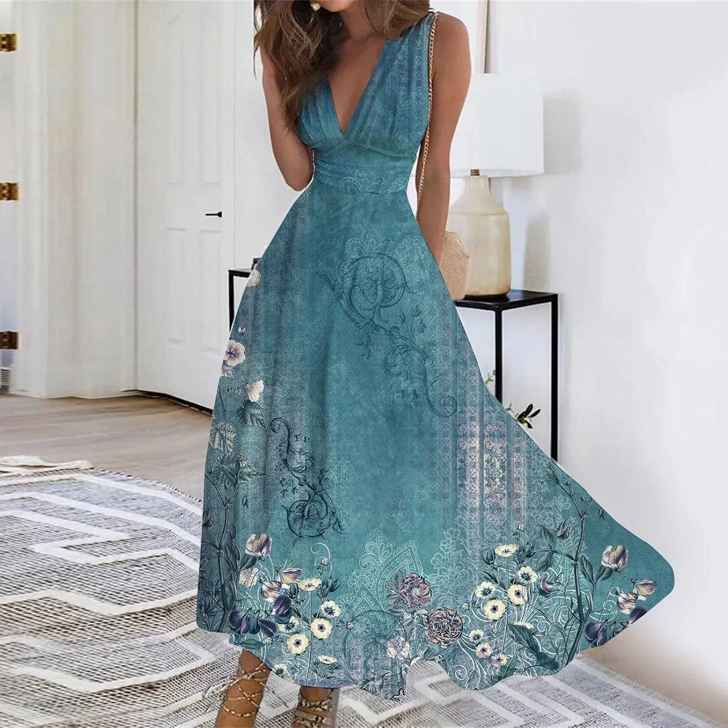 Womens Dresses Flowy Ruched Floral Print Boho Dress Sleeveless Wrap V Neck Beach Dresses Trendy Maxi Dress
