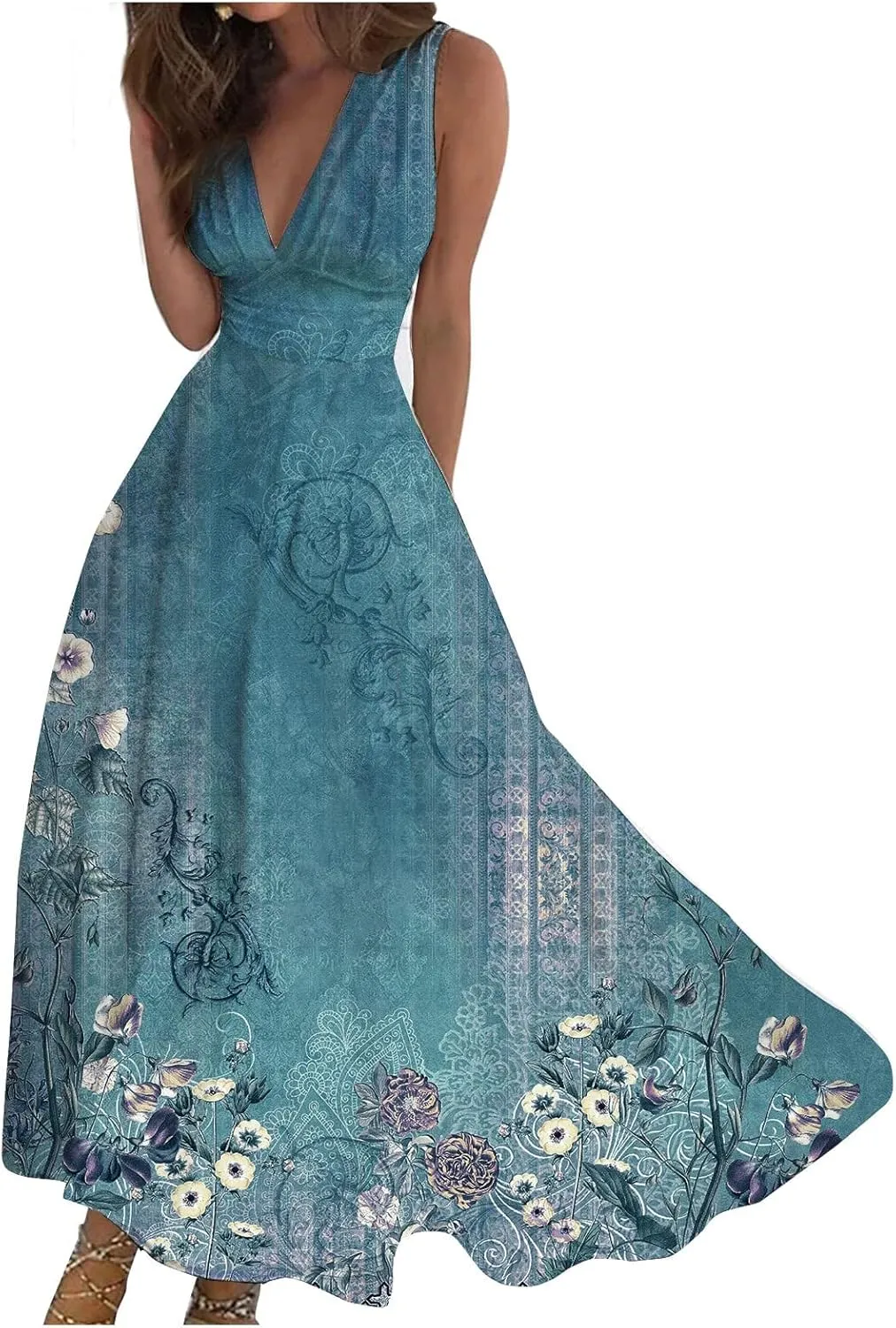 Womens Dresses Flowy Ruched Floral Print Boho Dress Sleeveless Wrap V Neck Beach Dresses Trendy Maxi Dress