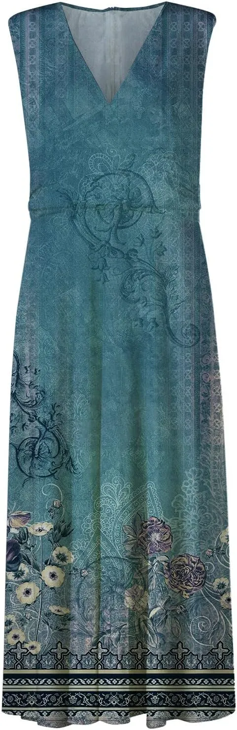 Womens Dresses Flowy Ruched Floral Print Boho Dress Sleeveless Wrap V Neck Beach Dresses Trendy Maxi Dress