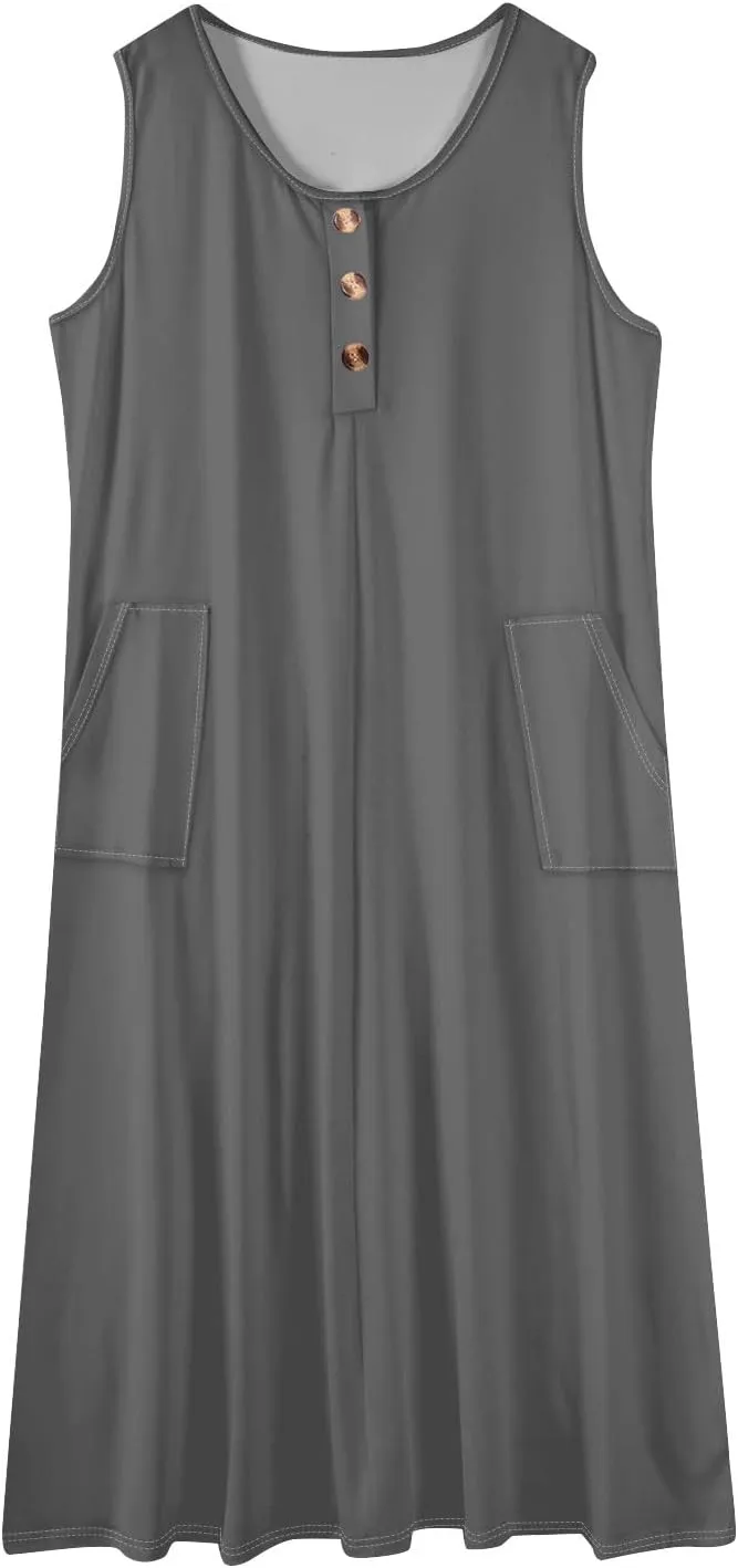 Womens Dresses Sleeveless Button Down Casual Loose Long Beach Sundress Travel Vacation Outfits