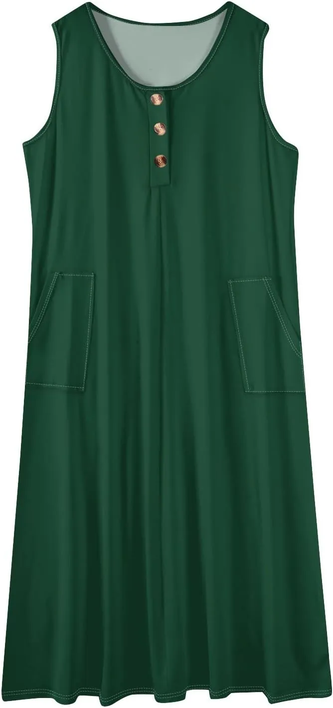 Womens Dresses Sleeveless Button Down Casual Loose Long Beach Sundress Travel Vacation Outfits
