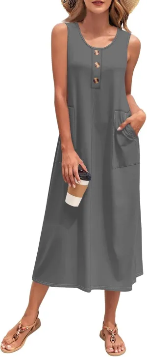 Womens Dresses Sleeveless Button Down Casual Loose Long Beach Sundress Travel Vacation Outfits