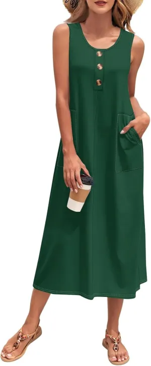 Womens Dresses Sleeveless Button Down Casual Loose Long Beach Sundress Travel Vacation Outfits