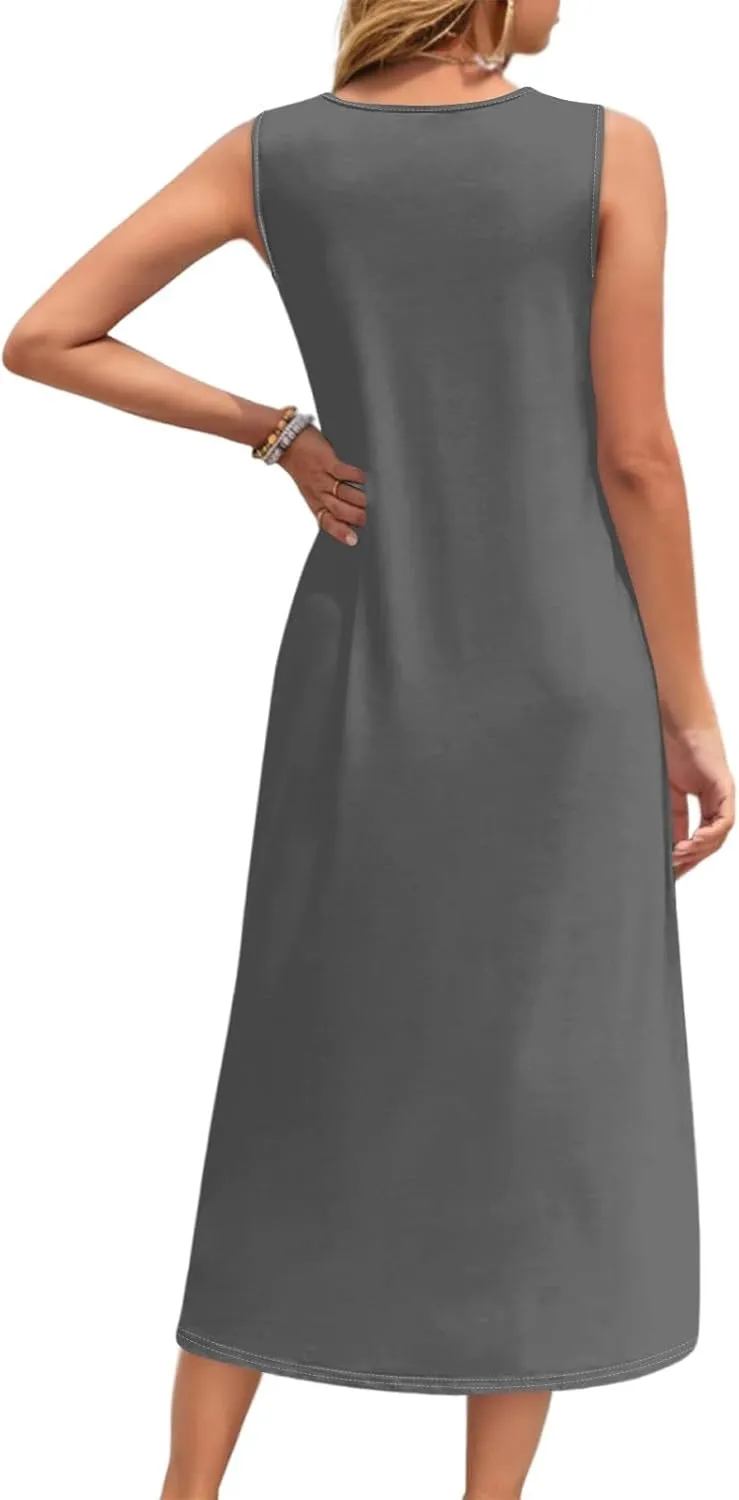 Womens Dresses Sleeveless Button Down Casual Loose Long Beach Sundress Travel Vacation Outfits
