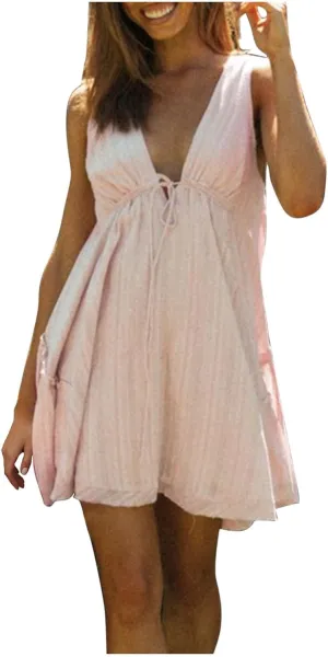 Womens Dressy Sexy Casual V Neck Low Cut Tank Dress Holiday Vacation Casual Beach Cover Ups Sleeveless Outfits