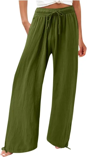 Womens Elastic High Waisted Palazzo Pants 2024 Summer Trendy Casual Wide Leg Pant Long Lounge Trousers with Pocket