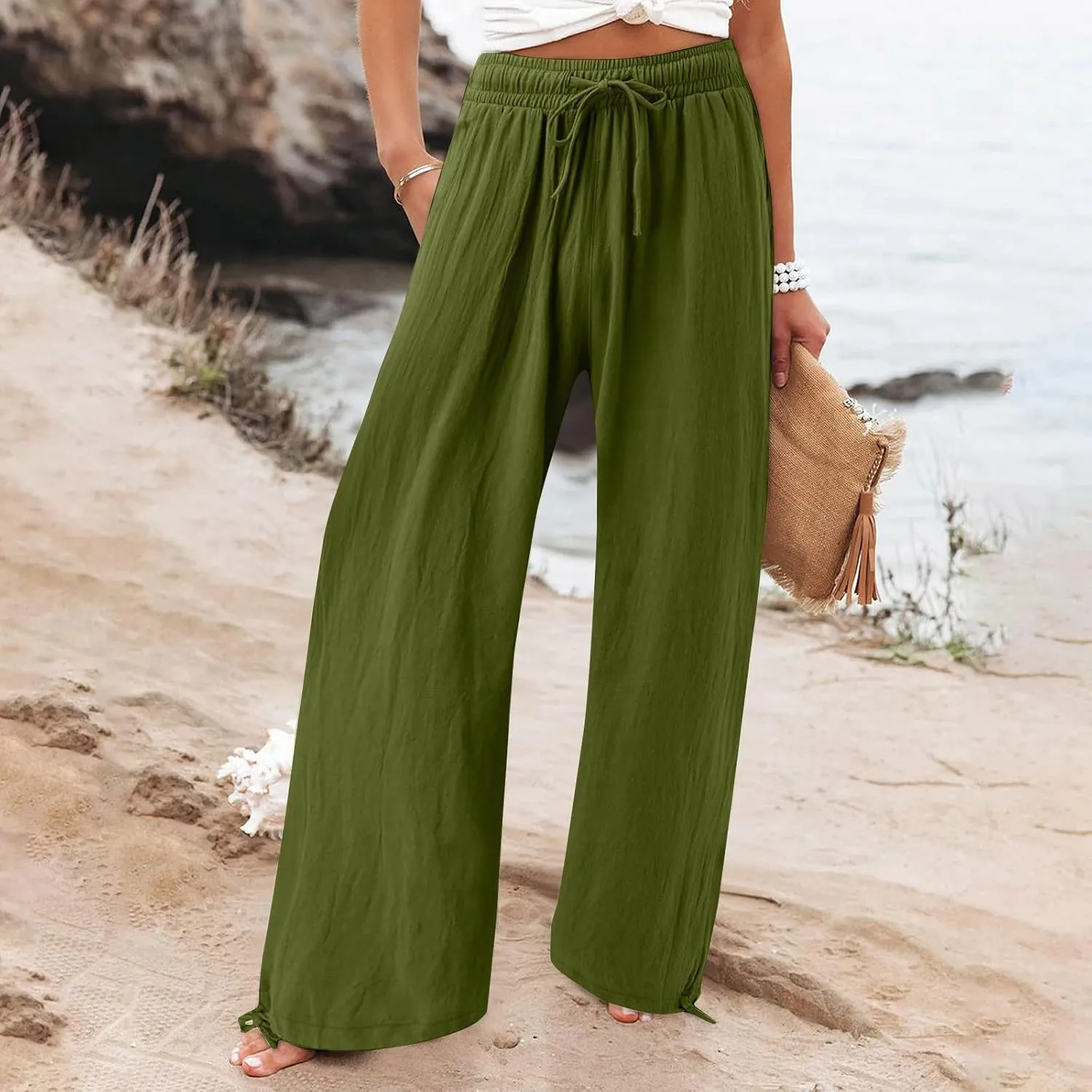 Womens Elastic High Waisted Palazzo Pants 2024 Summer Trendy Casual Wide Leg Pant Long Lounge Trousers with Pocket