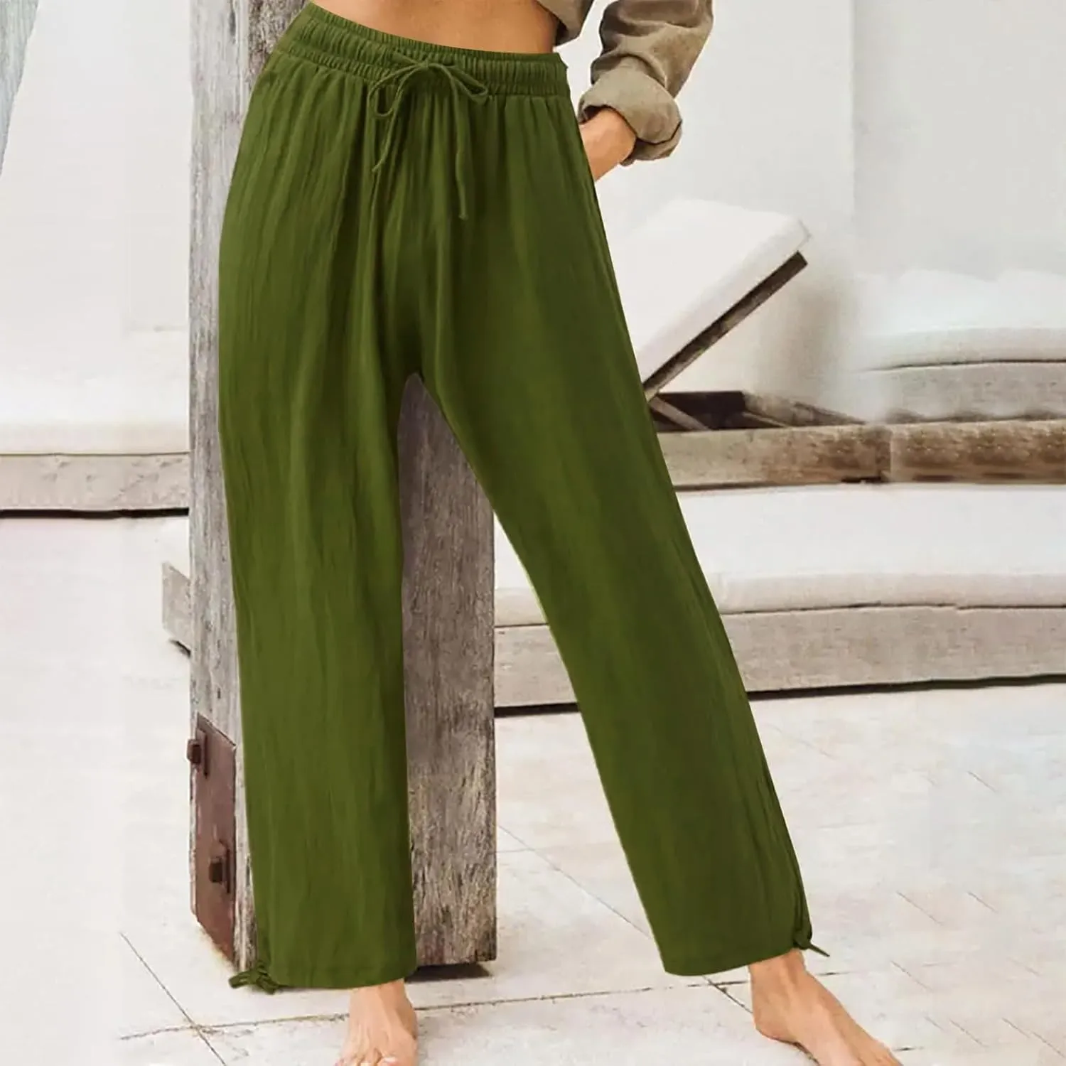 Womens Elastic High Waisted Palazzo Pants 2024 Summer Trendy Casual Wide Leg Pant Long Lounge Trousers with Pocket