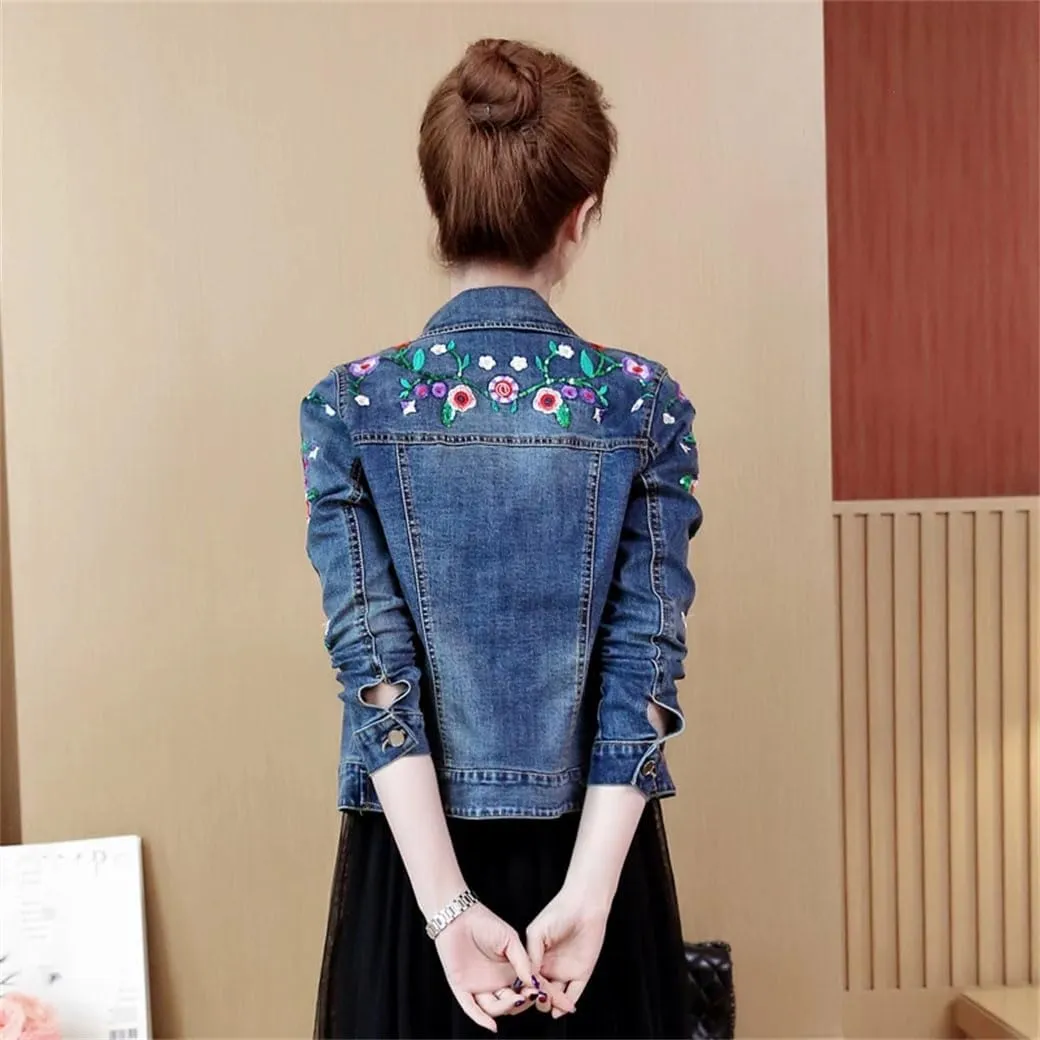 Women's Embroidered Flower Cropped Denim Jacket 2025 Spring Vintage Slim Fit Jeans Coat