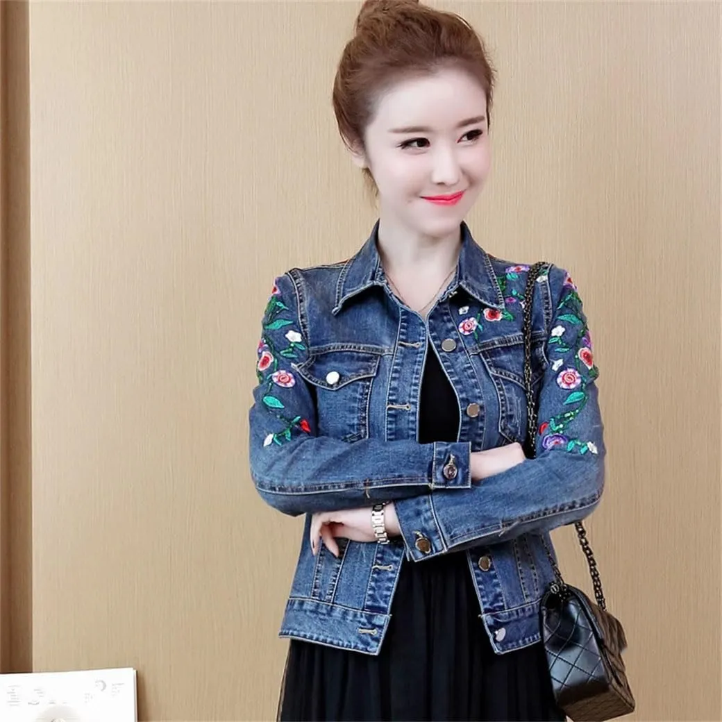 Women's Embroidered Flower Cropped Denim Jacket 2025 Spring Vintage Slim Fit Jeans Coat