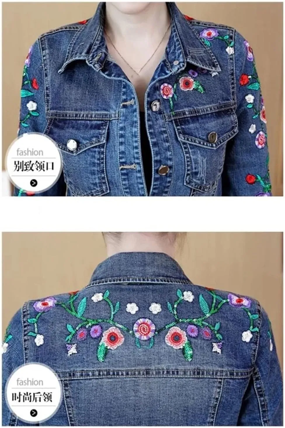 Women's Embroidered Flower Cropped Denim Jacket 2025 Spring Vintage Slim Fit Jeans Coat
