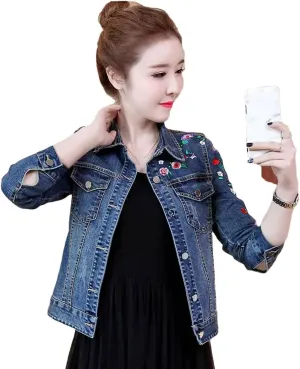Women's Embroidered Flower Cropped Denim Jacket 2025 Spring Vintage Slim Fit Jeans Coat