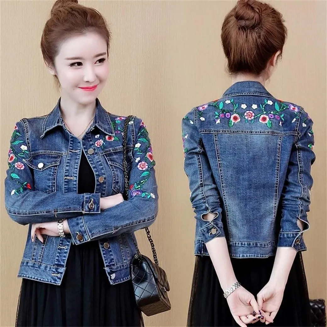 Women's Embroidered Flower Cropped Denim Jacket 2025 Spring Vintage Slim Fit Jeans Coat