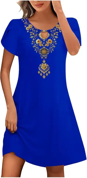 Women's Embroidered Mexican Dresses 2024 Summer Short Sleeve Mini Dress Trendy Casual Loose Flowy Beach Sun Dresses
