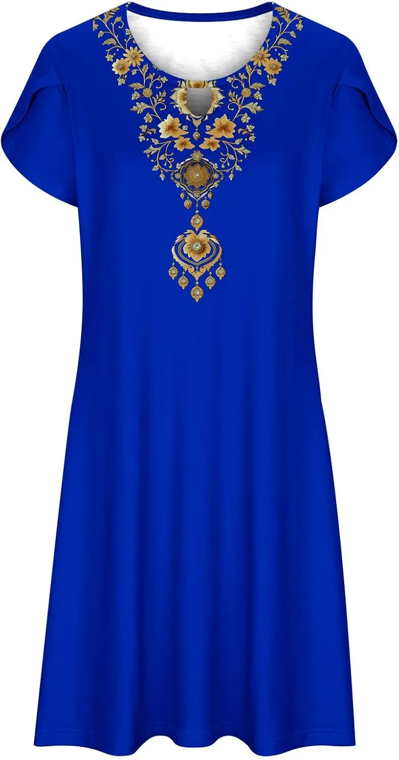 Women's Embroidered Mexican Dresses 2024 Summer Short Sleeve Mini Dress Trendy Casual Loose Flowy Beach Sun Dresses