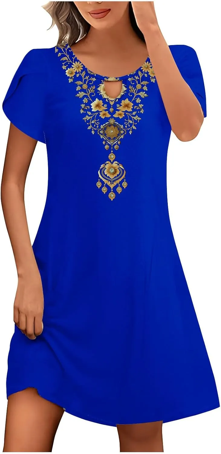 Women's Embroidered Mexican Dresses 2024 Summer Short Sleeve Mini Dress Trendy Casual Loose Flowy Beach Sun Dresses