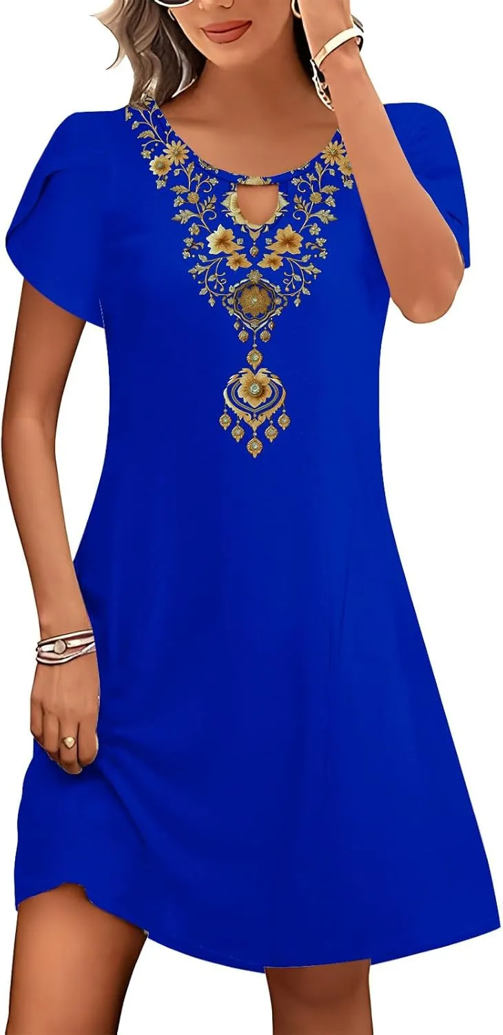 Women's Embroidered Mexican Dresses 2024 Summer Short Sleeve Mini Dress Trendy Casual Loose Flowy Beach Sun Dresses