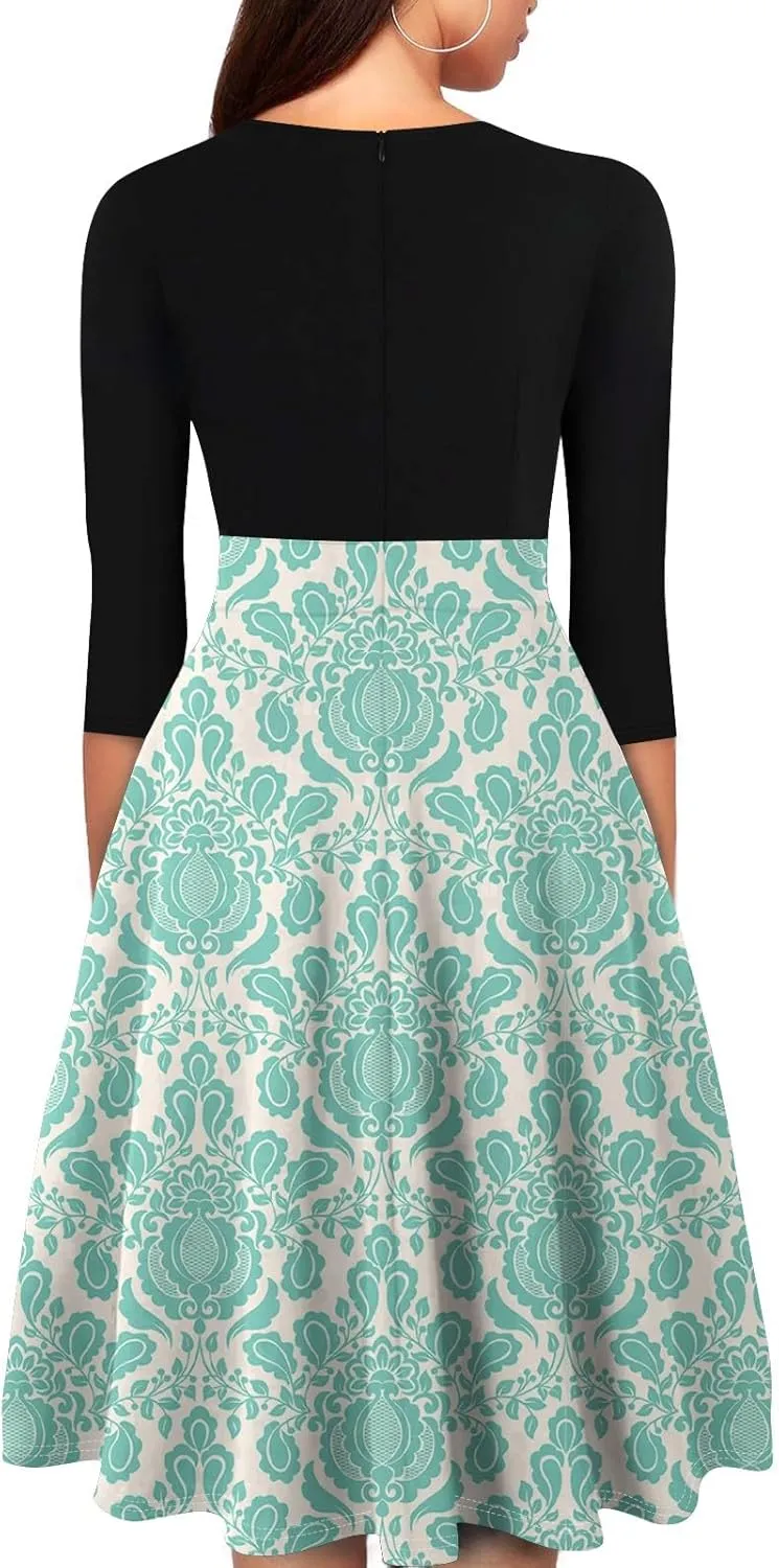Women's Fall Trendy 3/4 Flared Sleeve V-Neck Elegant Floral A Line Party Dresses