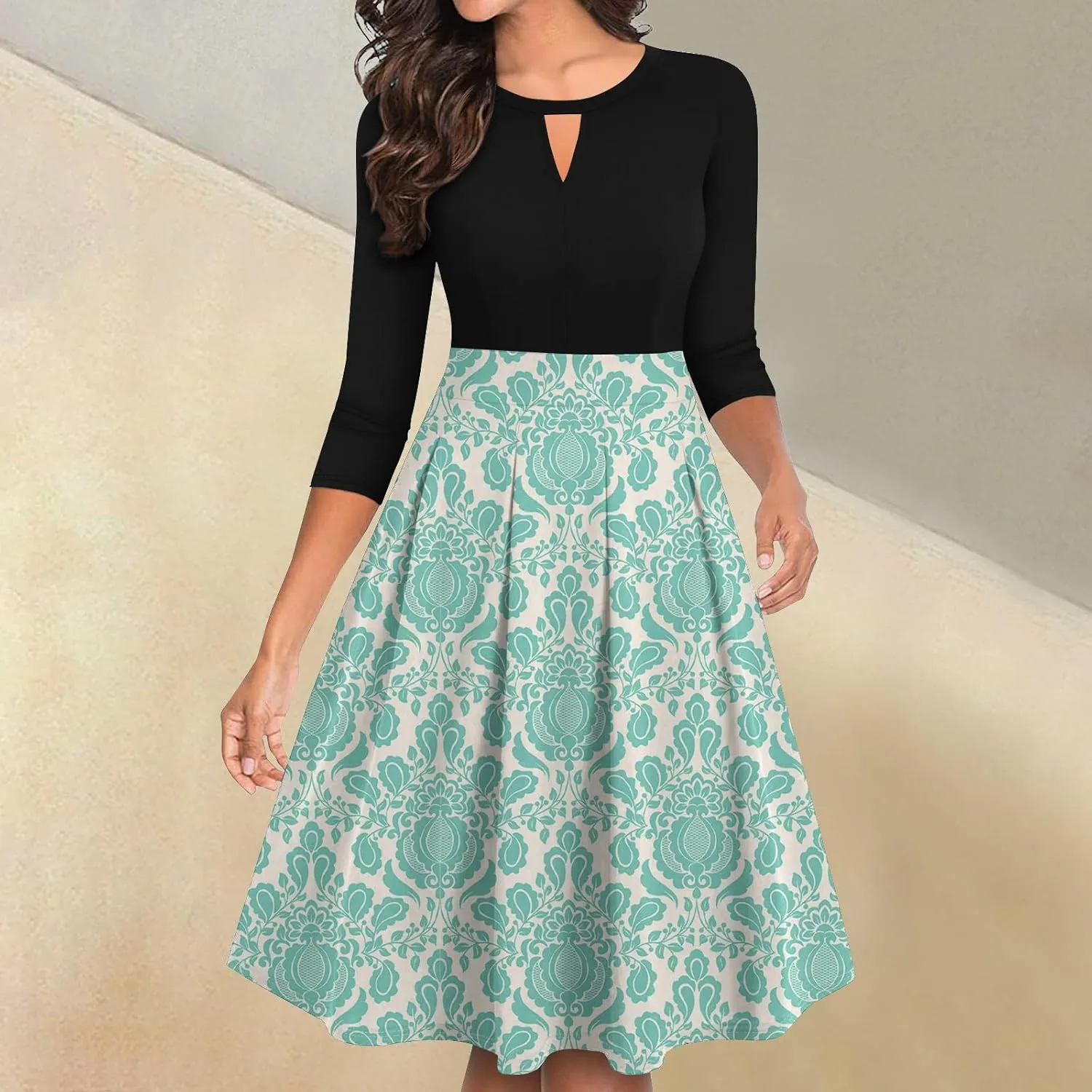 Women's Fall Trendy 3/4 Flared Sleeve V-Neck Elegant Floral A Line Party Dresses