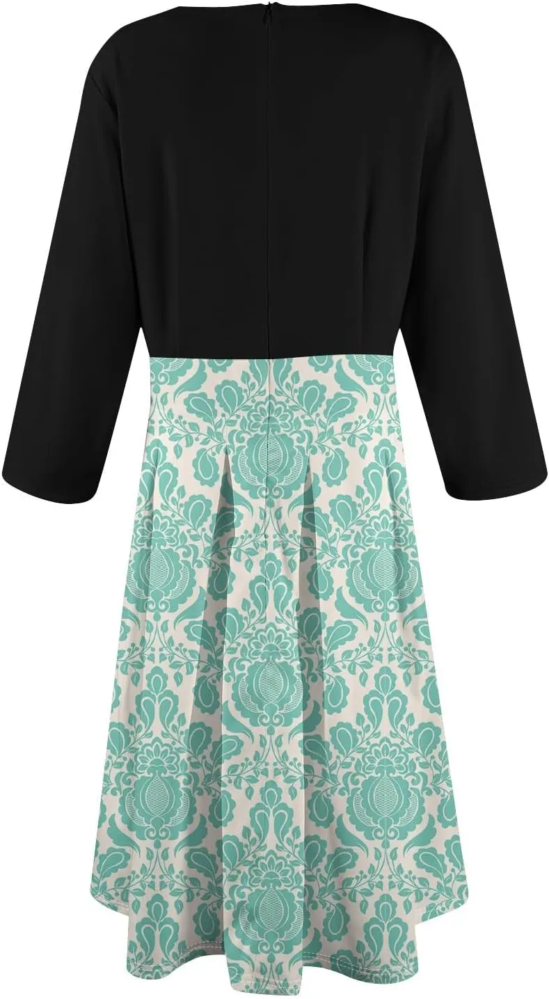 Women's Fall Trendy 3/4 Flared Sleeve V-Neck Elegant Floral A Line Party Dresses