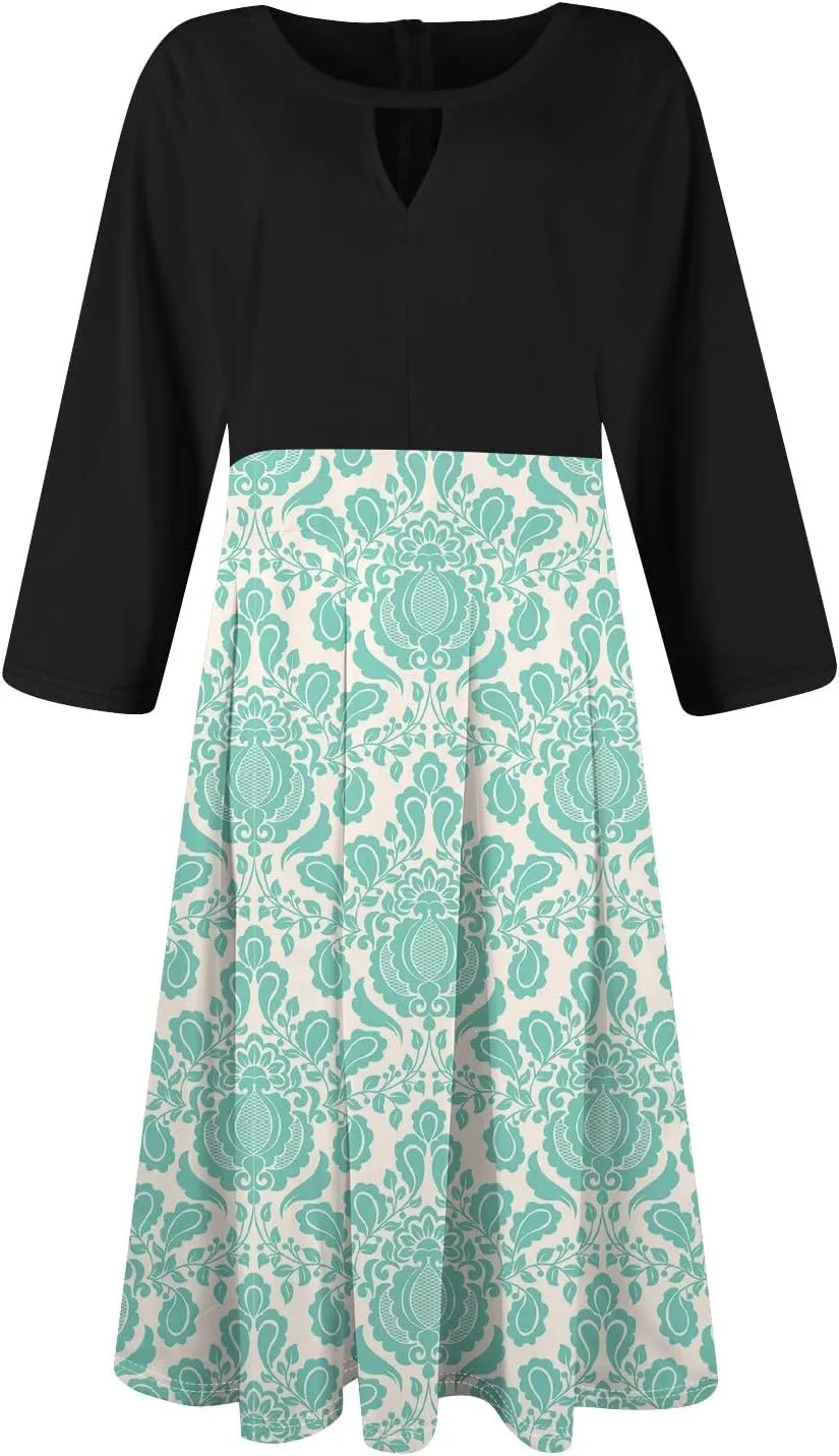 Women's Fall Trendy 3/4 Flared Sleeve V-Neck Elegant Floral A Line Party Dresses