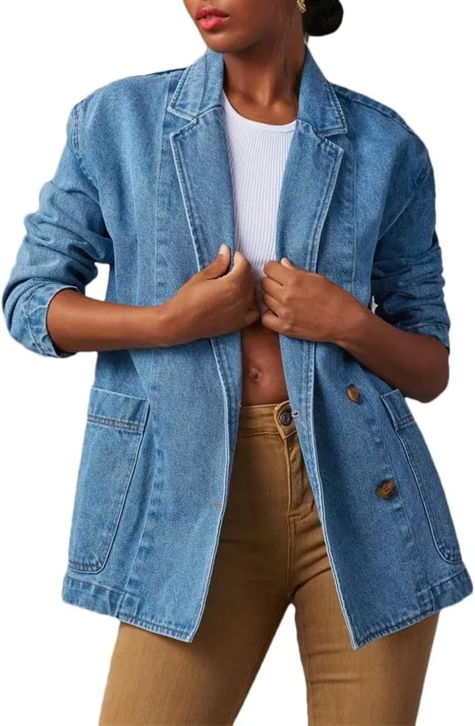 Women's Fashion Denim Suit Jacket Solid Color Loose V-Neck Long Sleeve Jean Jacket With Pockets Y2k
