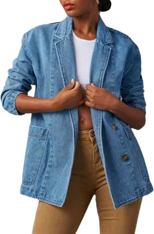Women's Fashion Denim Suit Jacket Solid Color Loose V-Neck Long Sleeve Jean Jacket With Pockets Y2k