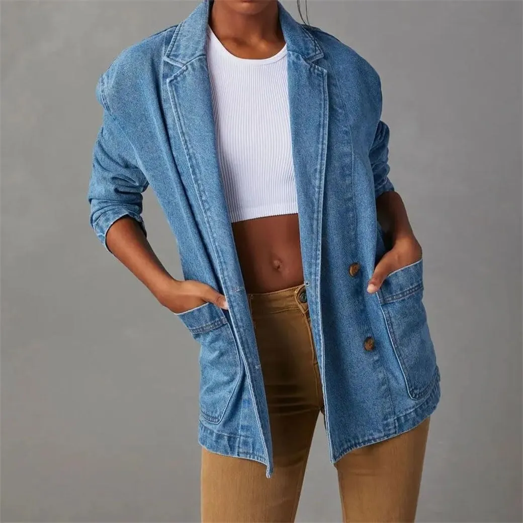 Women's Fashion Denim Suit Jacket Solid Color Loose V-Neck Long Sleeve Jean Jacket With Pockets Y2k