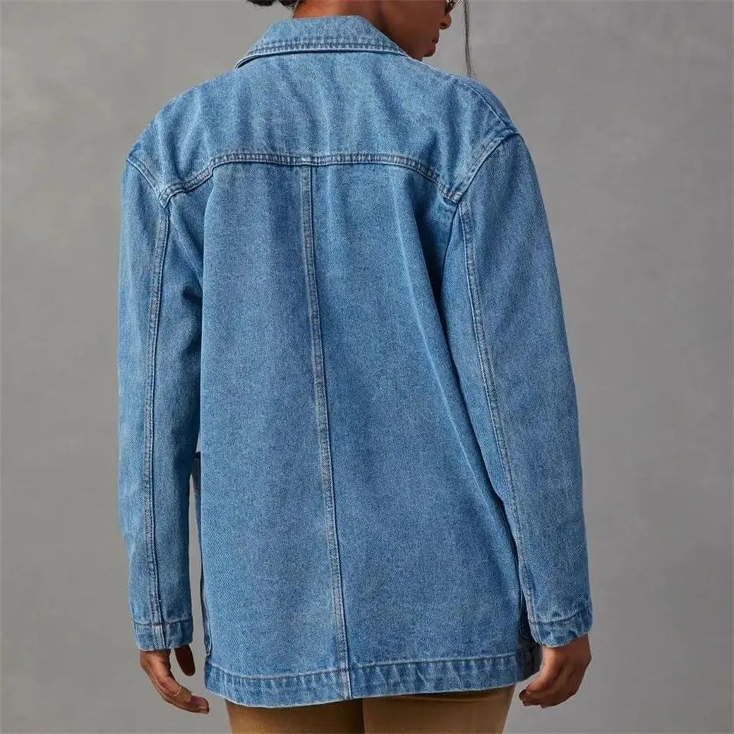 Women's Fashion Denim Suit Jacket Solid Color Loose V-Neck Long Sleeve Jean Jacket With Pockets Y2k