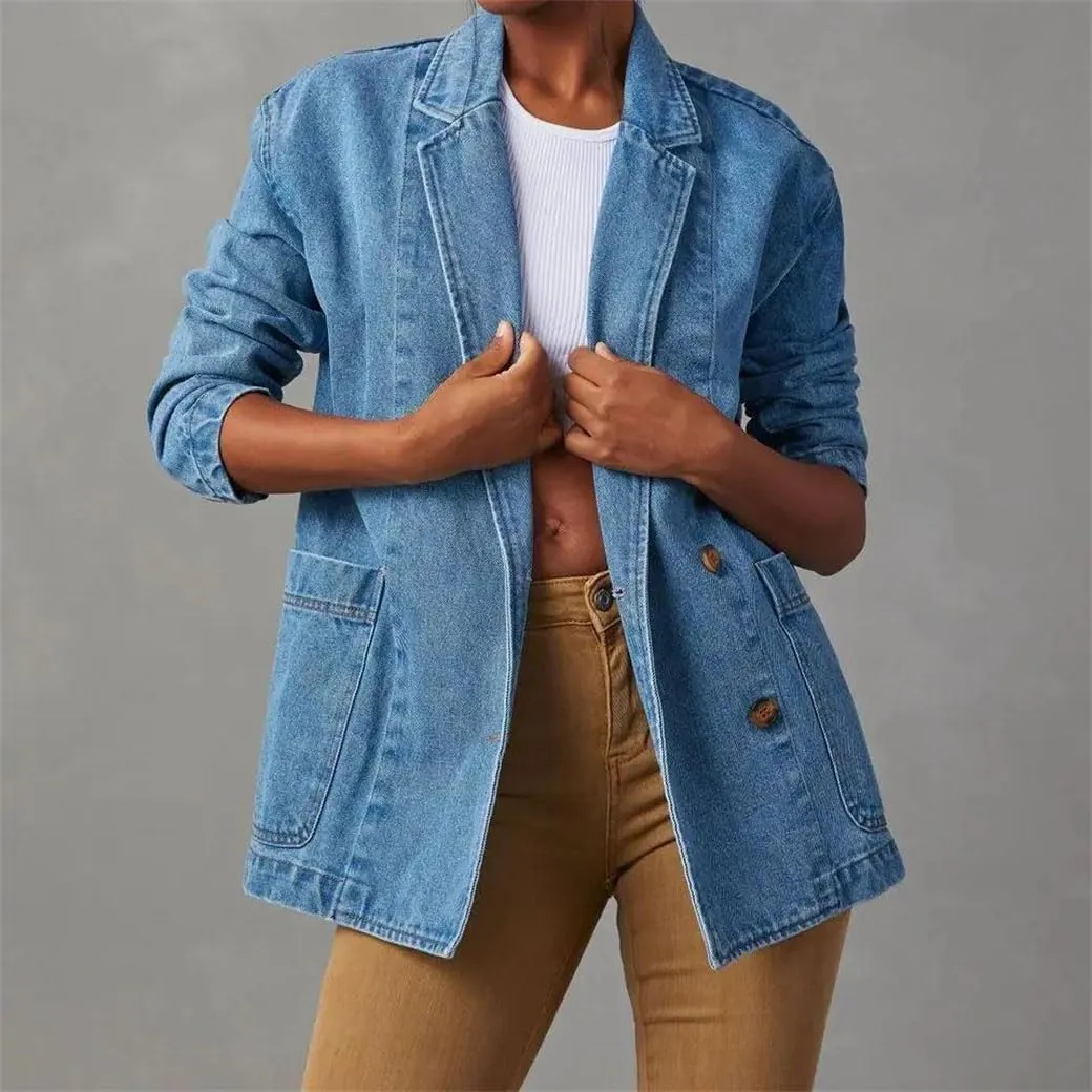 Women's Fashion Denim Suit Jacket Solid Color Loose V-Neck Long Sleeve Jean Jacket With Pockets Y2k