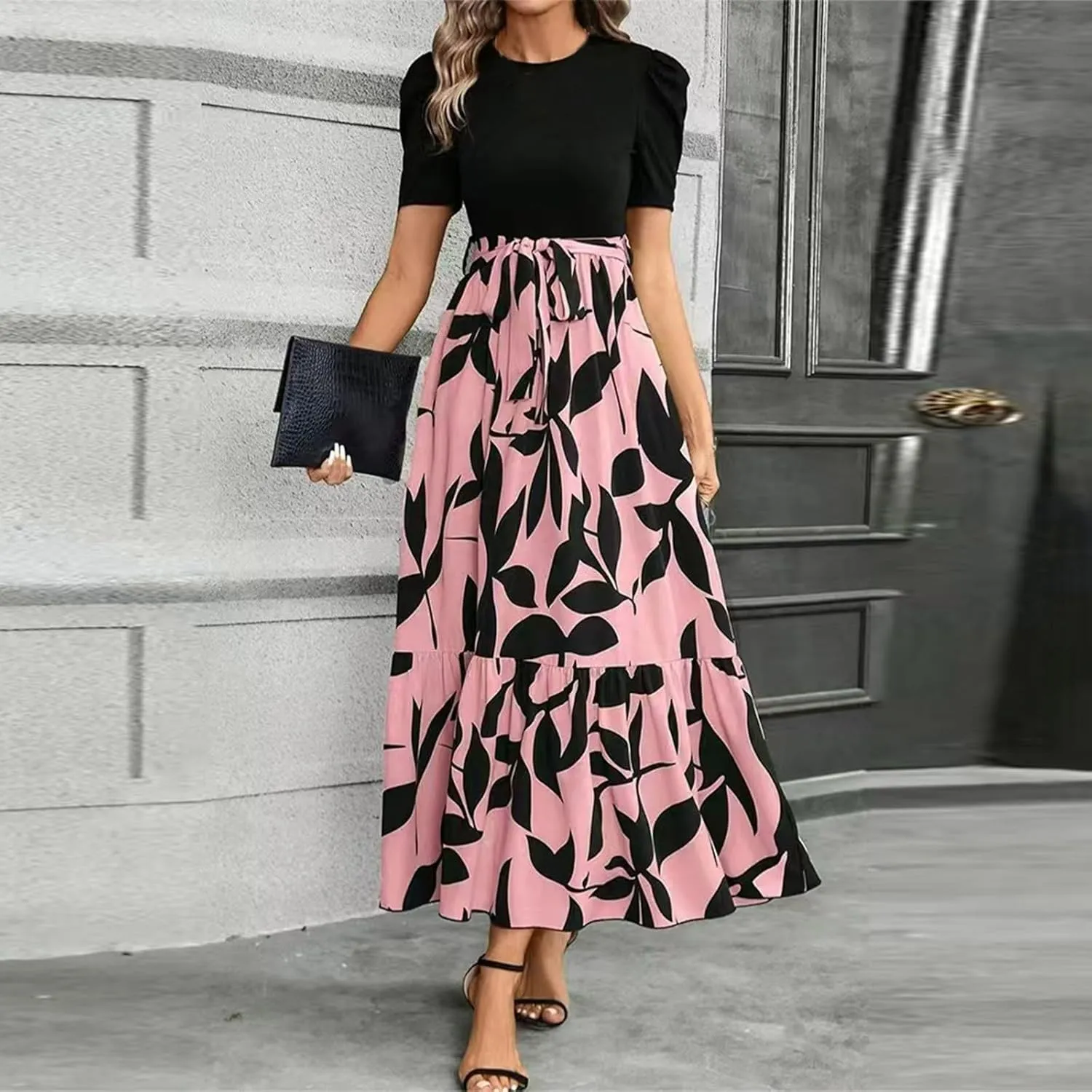 Womens Floral Maxi Dress Short Sleeve Empire Waist Elegant Long Dress with Belt Summer Casual Vintage Flowy Dresses