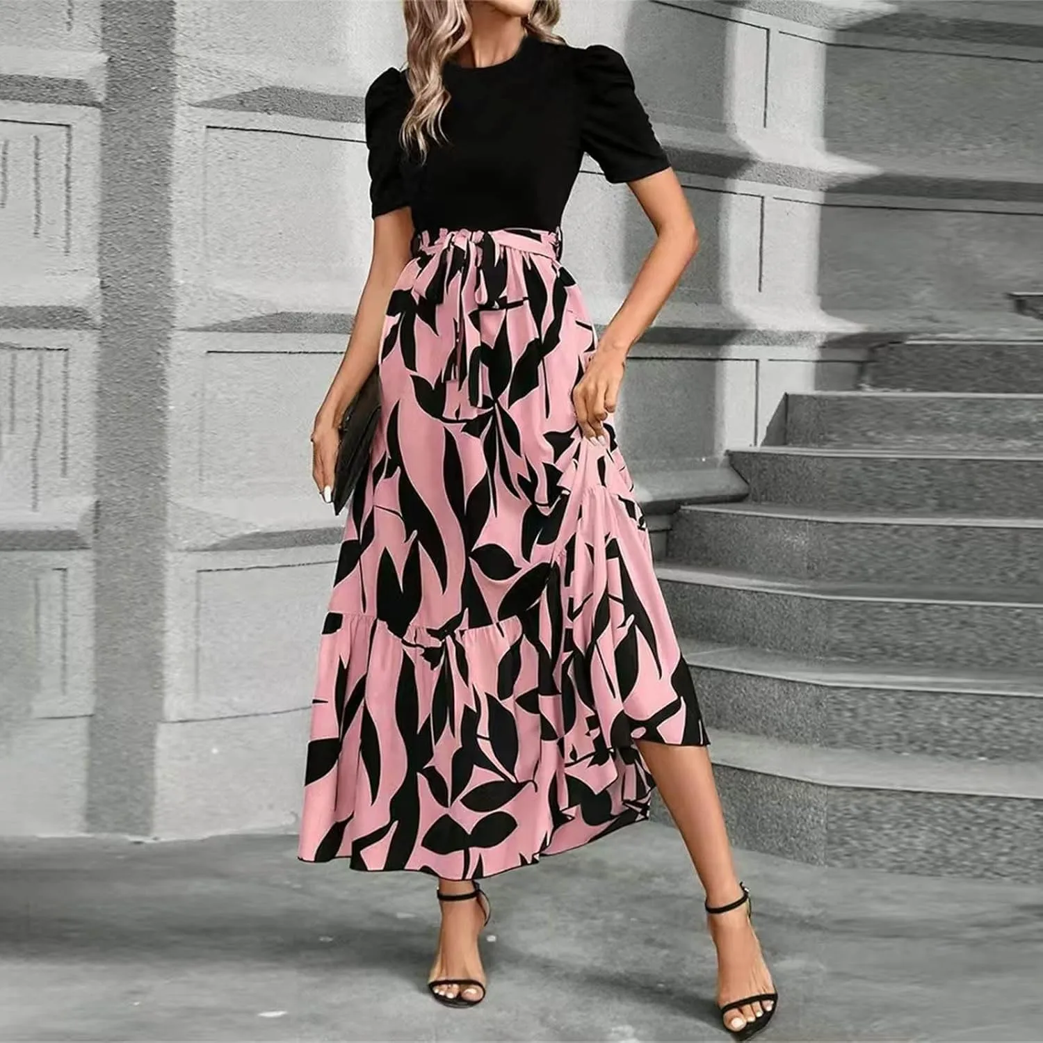 Womens Floral Maxi Dress Short Sleeve Empire Waist Elegant Long Dress with Belt Summer Casual Vintage Flowy Dresses