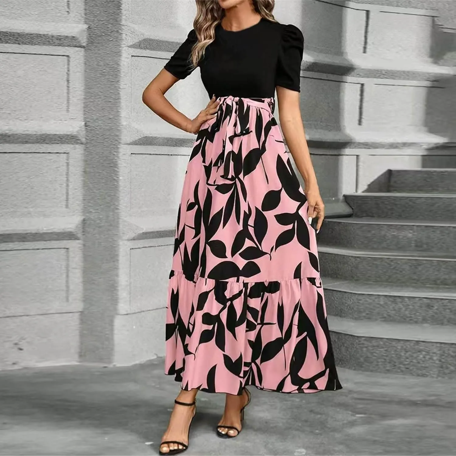 Womens Floral Maxi Dress Short Sleeve Empire Waist Elegant Long Dress with Belt Summer Casual Vintage Flowy Dresses
