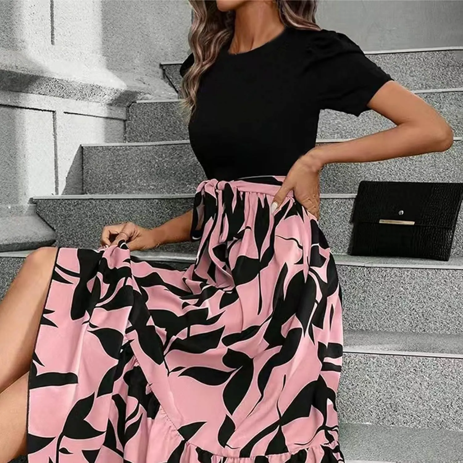 Womens Floral Maxi Dress Short Sleeve Empire Waist Elegant Long Dress with Belt Summer Casual Vintage Flowy Dresses